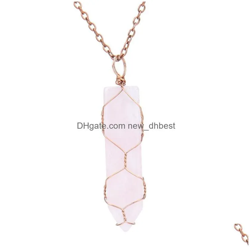 sword shape natural stone pendant wire wrapped copper net pocket sweater chain necklace healing reiki weave rope wholesale