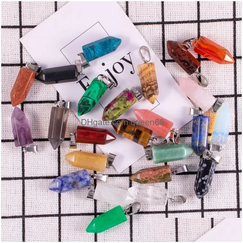 9x22mm charms assorted natural stone pendants point charms hexagonal pillar agate stones pendant for jewelry making