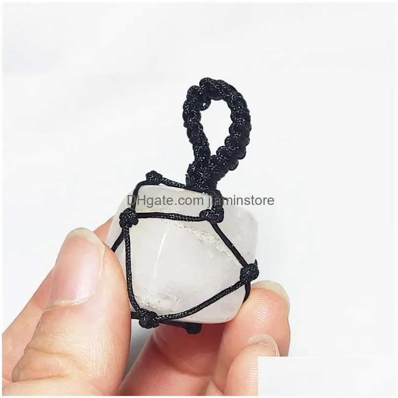 natural crystal stone charms black rope net wrap pendant irregular amethyst quartz agates diy necklaces meditation energy jewelry acc