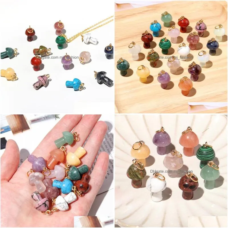 100pcs 2cm mushroom statue natural crystal stone carving charms reiki healing gold pendant for women jewelry making wholesale