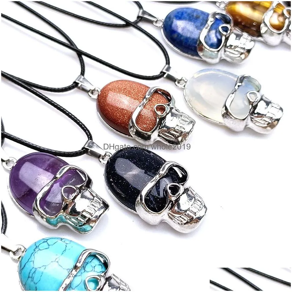 natural stone pendant crystal skull necklace amethyst blue white quartz chakra healing jewelry for women 22x42mm