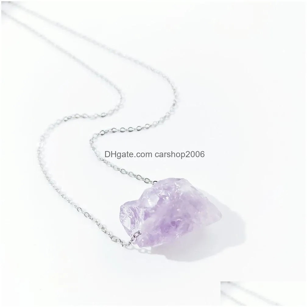 irregular natural crystal large rough stone pendant necklace for women men stainless steel chain