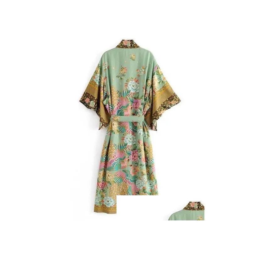 bohemian v neck peacock flower print long kimono shirt ethnic lacing up with sashes long cardigan loose blouse tops femme