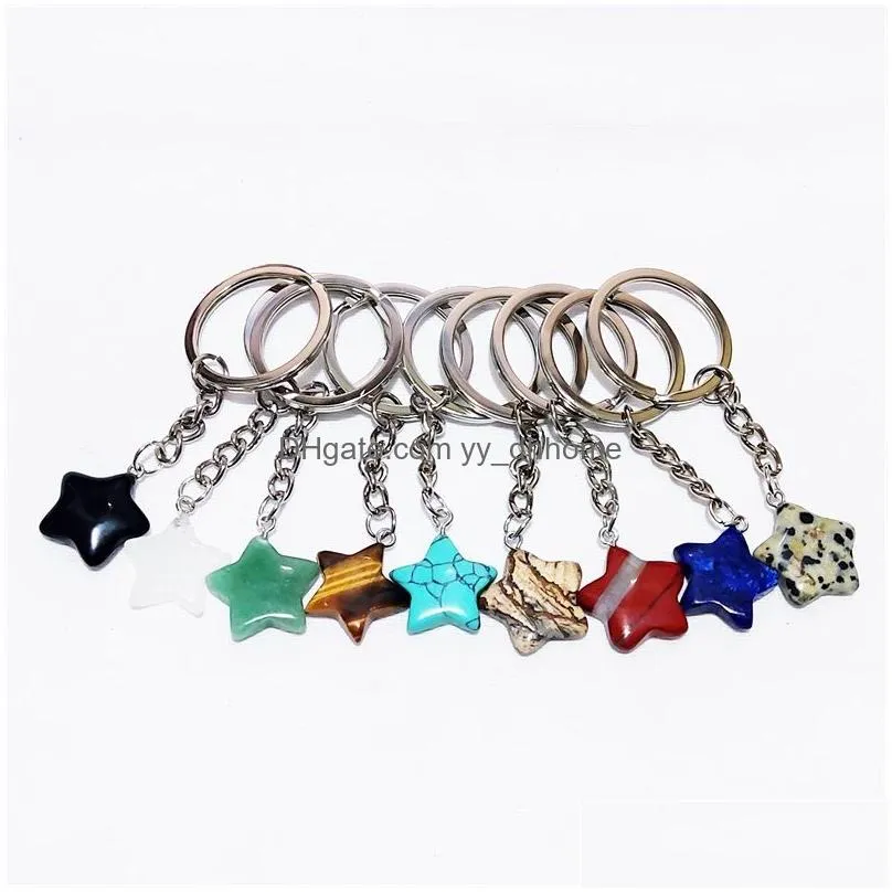 star shape reiki healing natural stone keychains chakra pink green black agate key rings keyrings women men jewelry