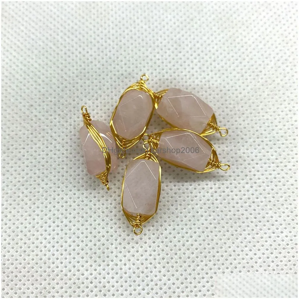 gold wire wrap natural stone charms green rose quartz crystal connector pendant for earrings necklace jewelry making wholesale 8x23mm
