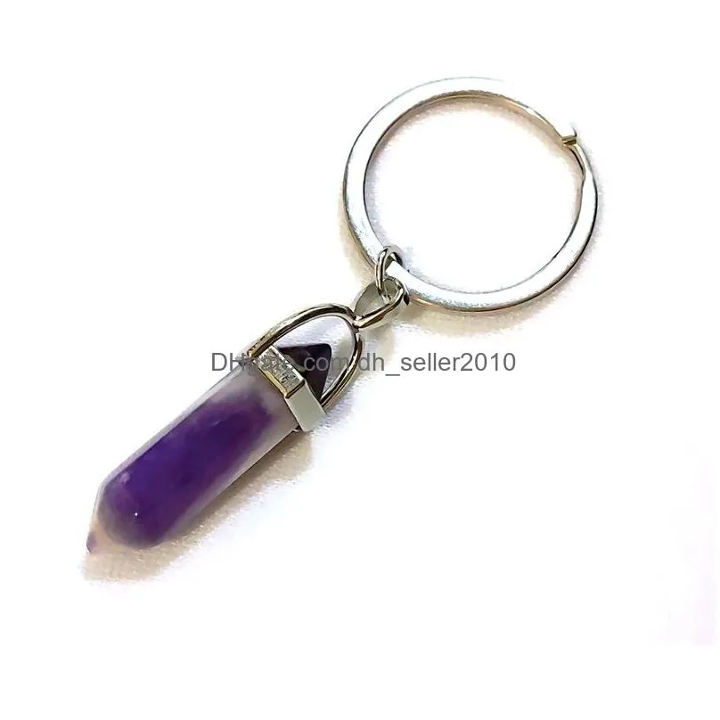 natural stone hexagonal prism key rings silver color healing pink crystal car decor keyholder keychains for women men