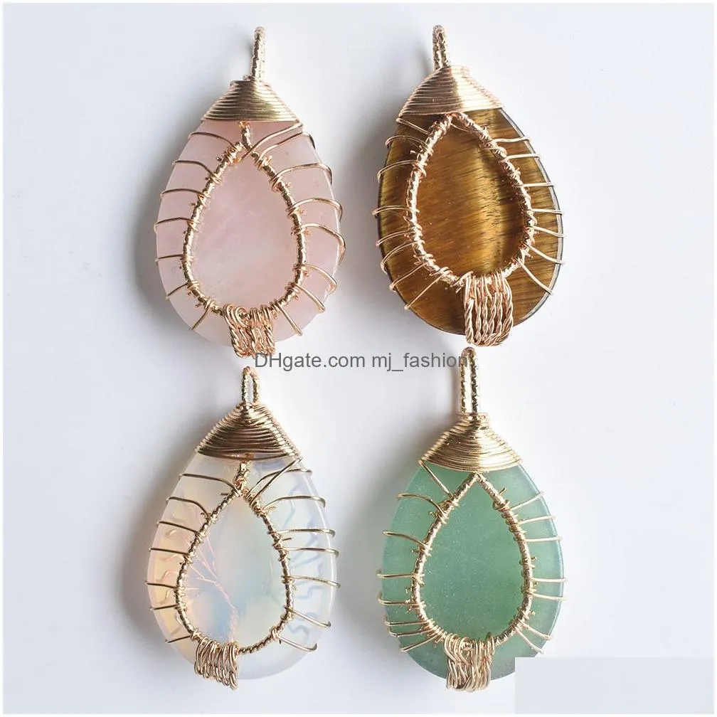 natural stone charms crystal tree of life pendants roses quartz gold wire wrapped trendy jewelry making wholesale