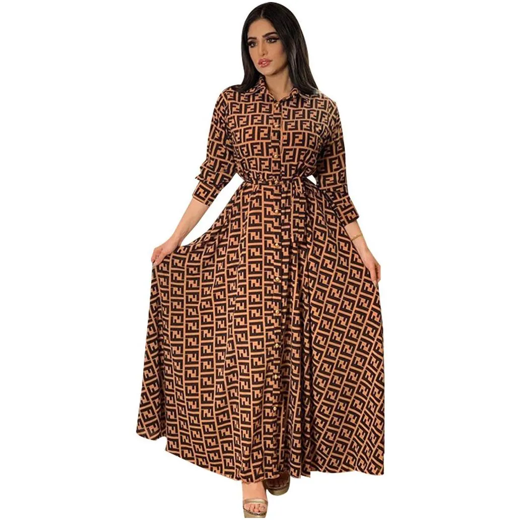 casual dresses fashion french elegant for women summer retro print muslim dubai abaya lapel single-breasted long sleeve shirt dress