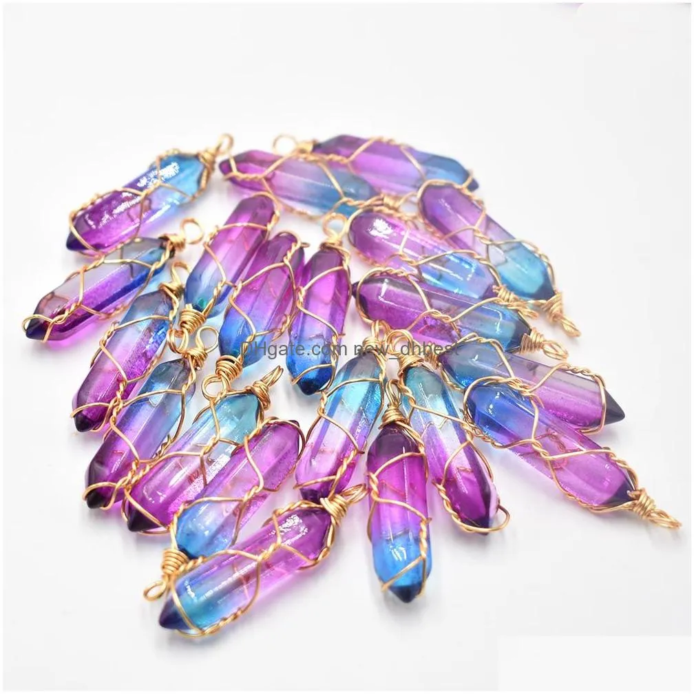 gold wire glass crystal colorful charms hexagonal healing reiki point pendants for jewelry making