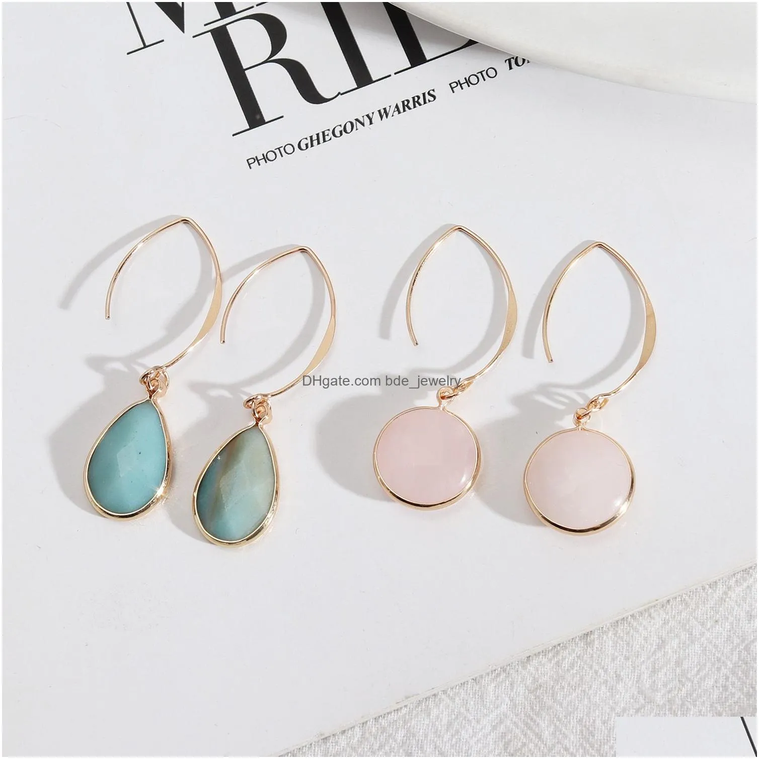 natural stone charms amazonite rose quartz crystal water drop earrings chakra jewelry gold hoop for women