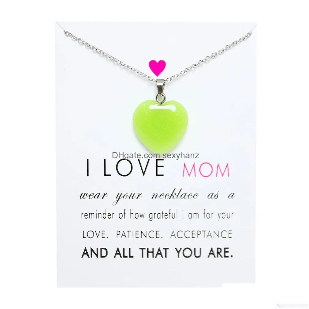 mothers day love mom heart luminous stone pendant blue green glow light in the dark necklace for jewelry making with card