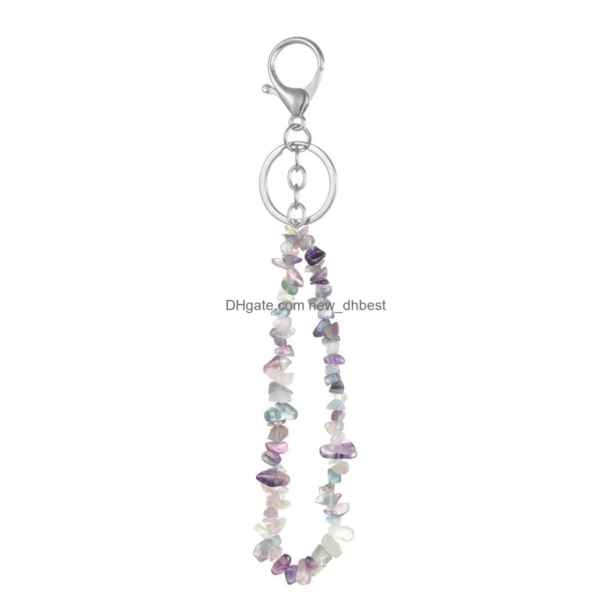 fashion natural stone key rings chip beads nuggets fluorite amethyst rose crystal quartz keychain bag car hanging charms