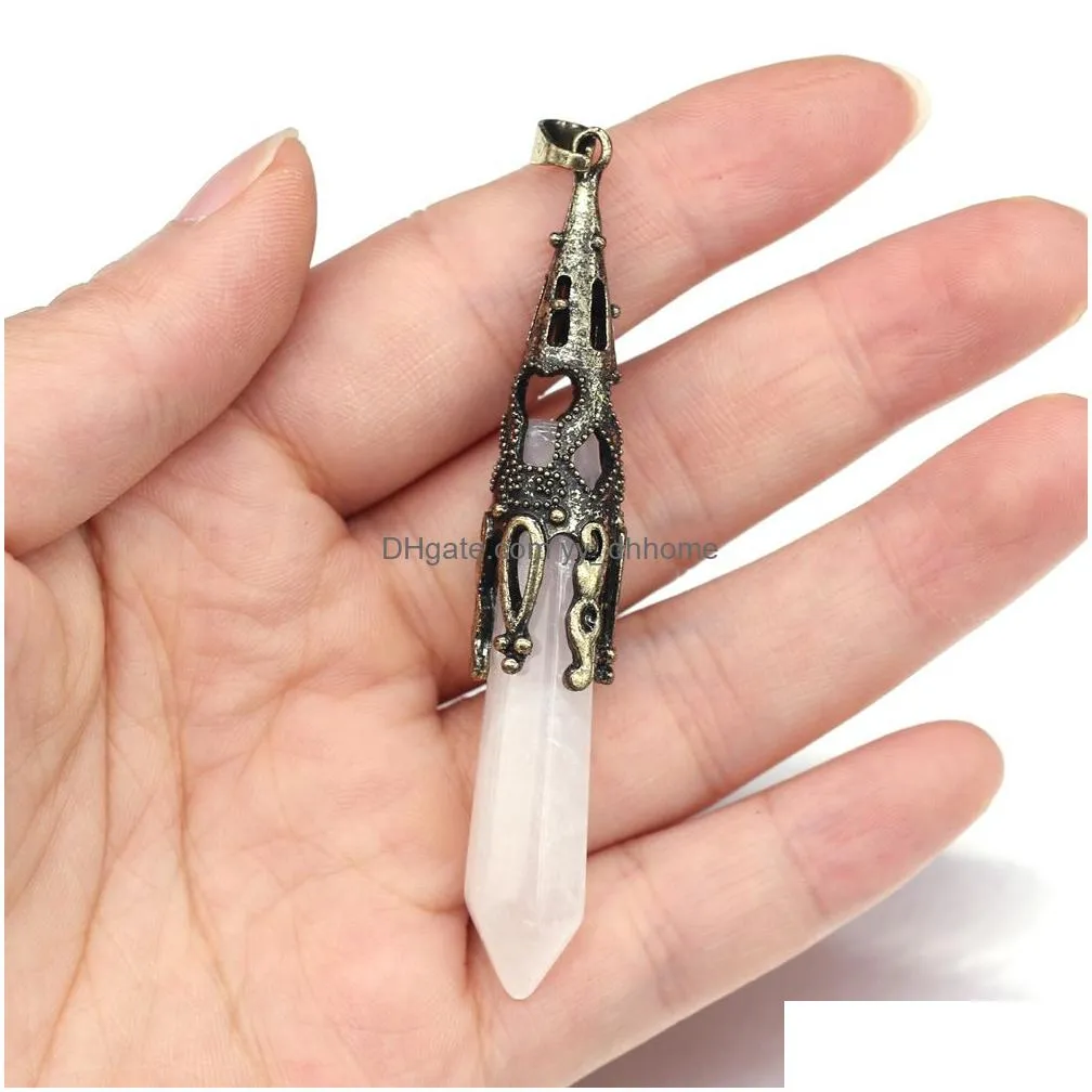 retro faceted cone healing stone charms tiger eye rose quartz amethyst crystal pendulum pendant diy necklace women fashion jewelry finding