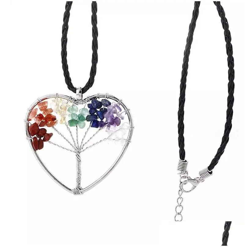 6 styles 7 chakra tree of life necklace amethyst quartz chips pendant rainbow necklace multicolor wisdom tree natural stone necklace