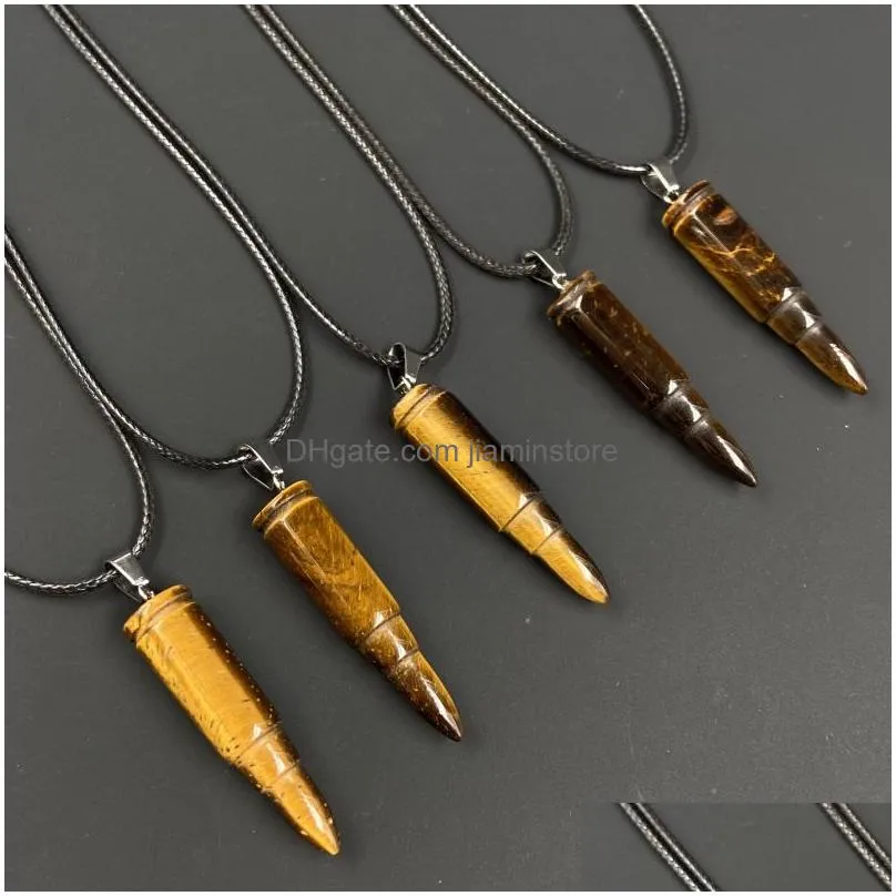 men punk bullet shape natural stone pendant tiger eye cone charms rope chain necklaces wholesale christmas jewelry gift