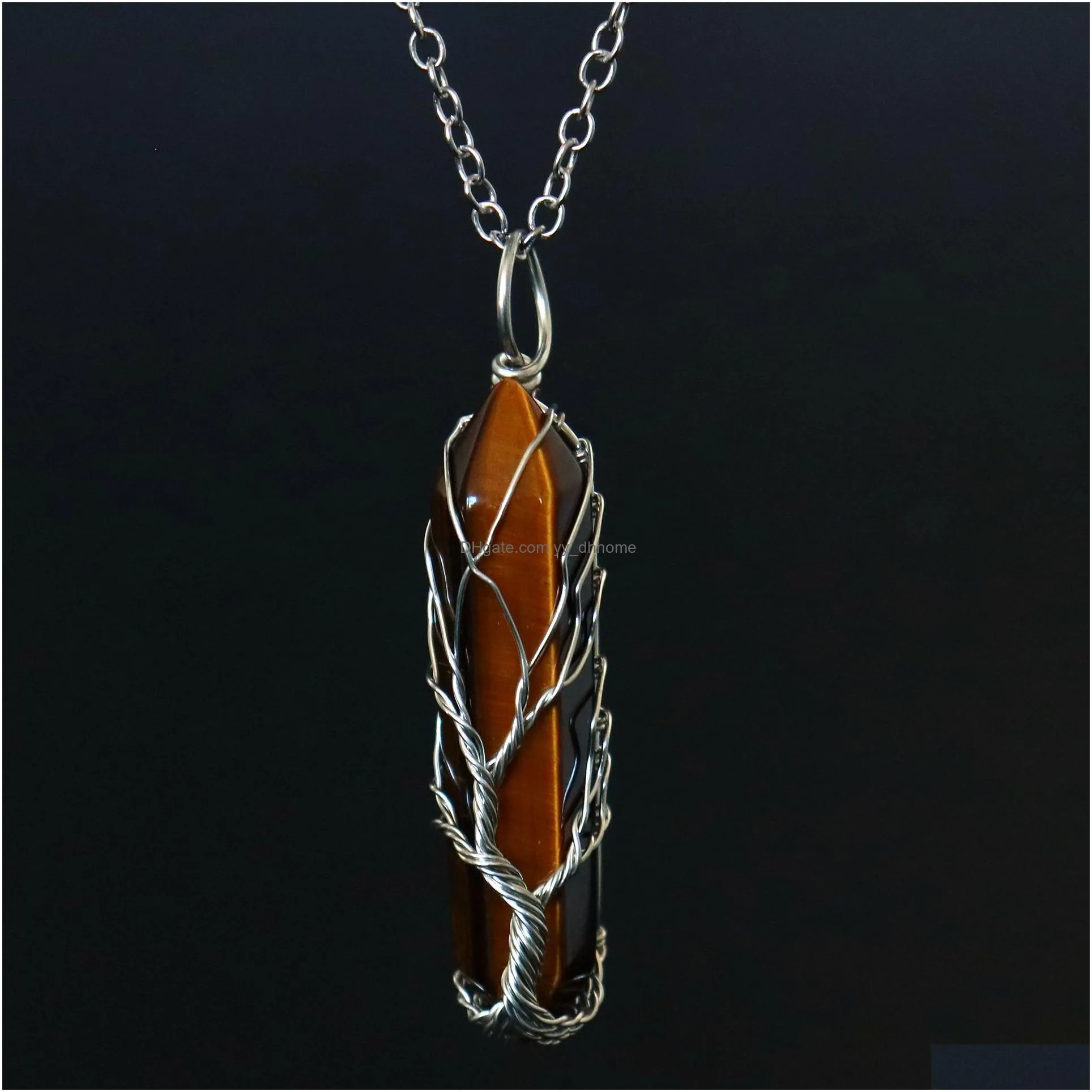 healing crystal natural stone hexagon pillar charms necklaces twine tree of life wire wrap pendant turquoise amethyst tiger eye rose quartz wholesale jewelry