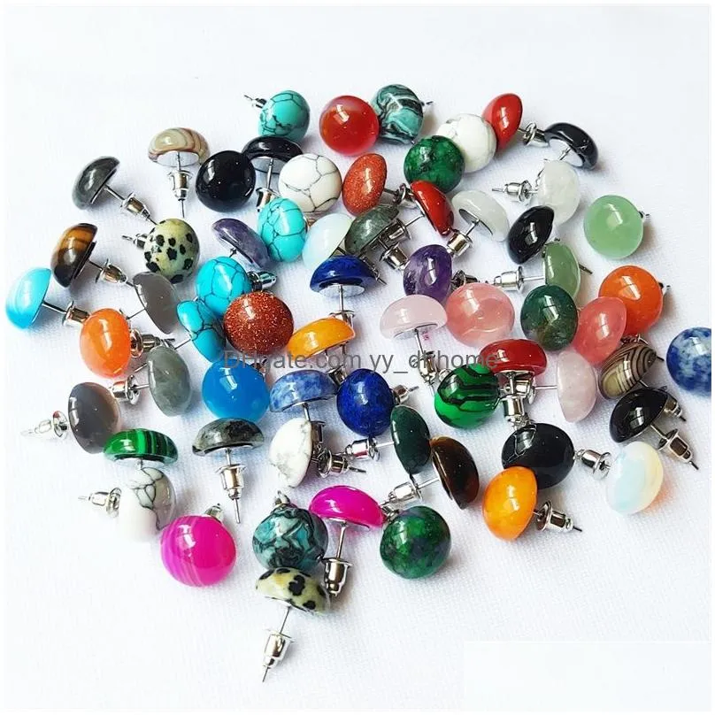 trendy 10mm 12mm natural stone mix round beads stud earrings for women fashion cute small wholesale