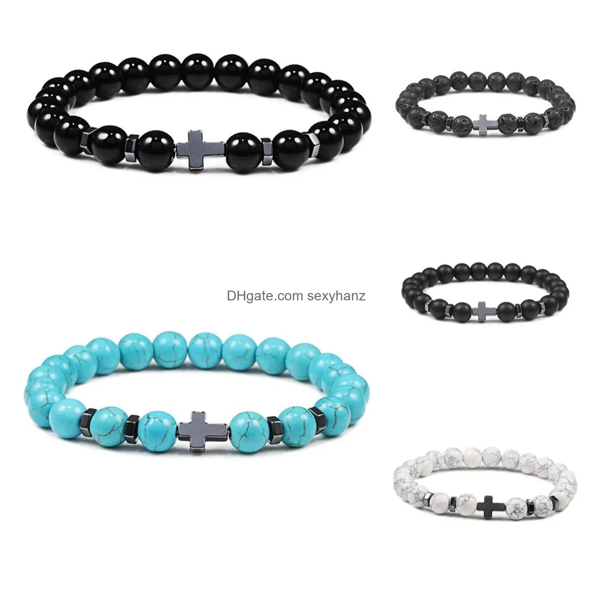 fashion cross charms black stone beaded strand bracelet natural stone tigers eye elasticity bracelet for women men jewelry