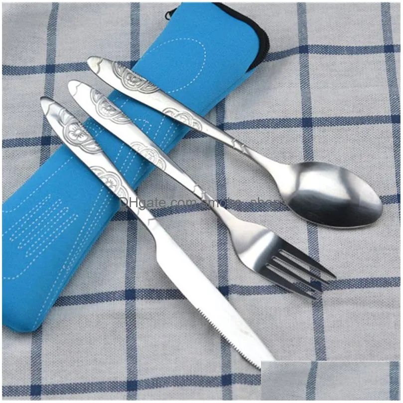 portable flatware set with zipper bag outdoor travel camping recyclable cutlery pouch forks spoon knife dinnerware kit