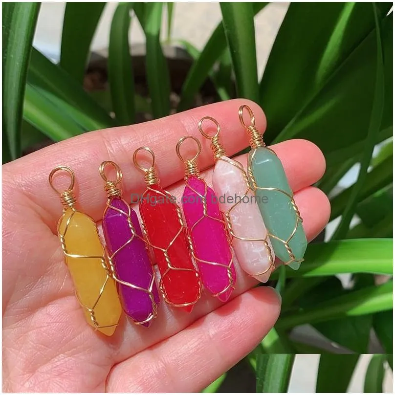 natural stone crystal charms wire wrap multicolor rose quartz purple amethyst bullet point hexagonal pendulum reiki chakra jewelry