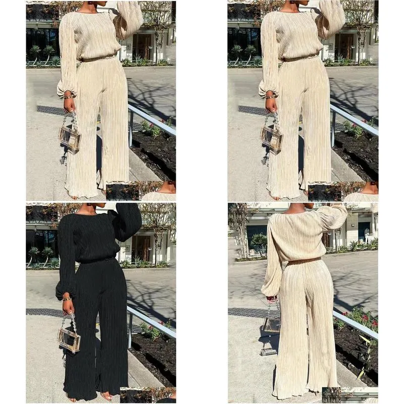 womens two piece pants 2022 fashion women street casual style sets long sleeve round neck top elastic pure color setswomens