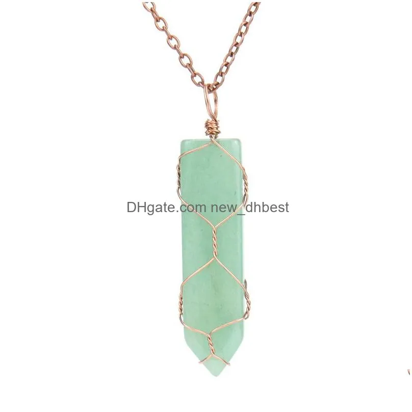 sword shape natural stone pendant wire wrapped copper net pocket sweater chain necklace healing reiki weave rope wholesale