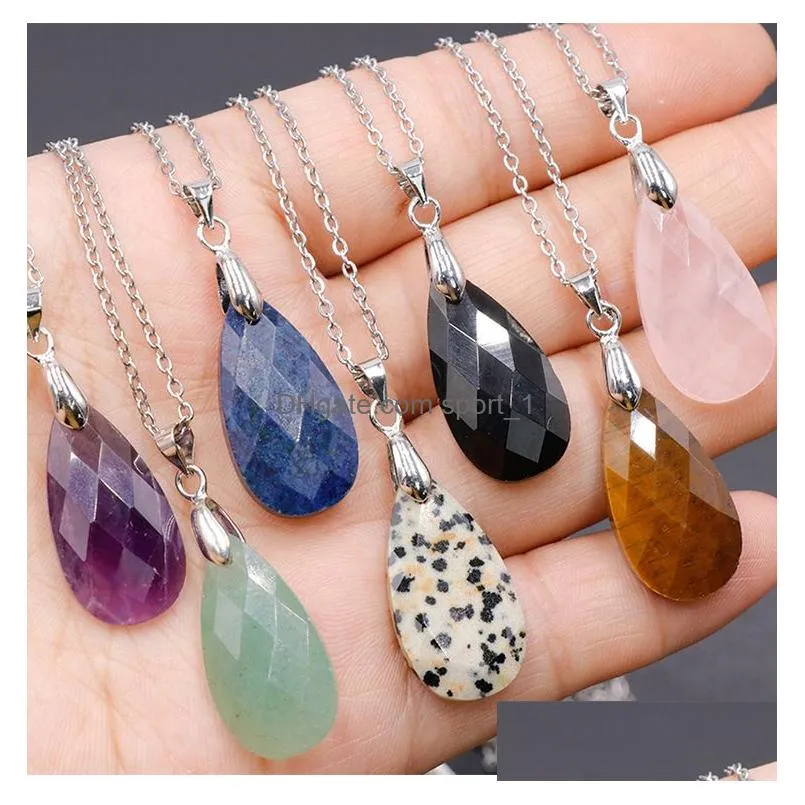 fashion waterdrop shaped rose quartz powder pink green amethyst crystal pendant stainless steel chain necklace women jewelry