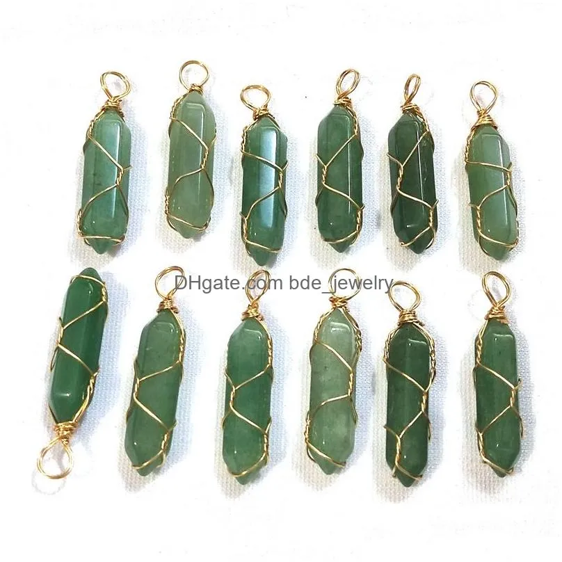 gold wire wrap natural stone charms green pillar bullet shape point chakra pendants for jewelry making wholesale handmade craft bulk