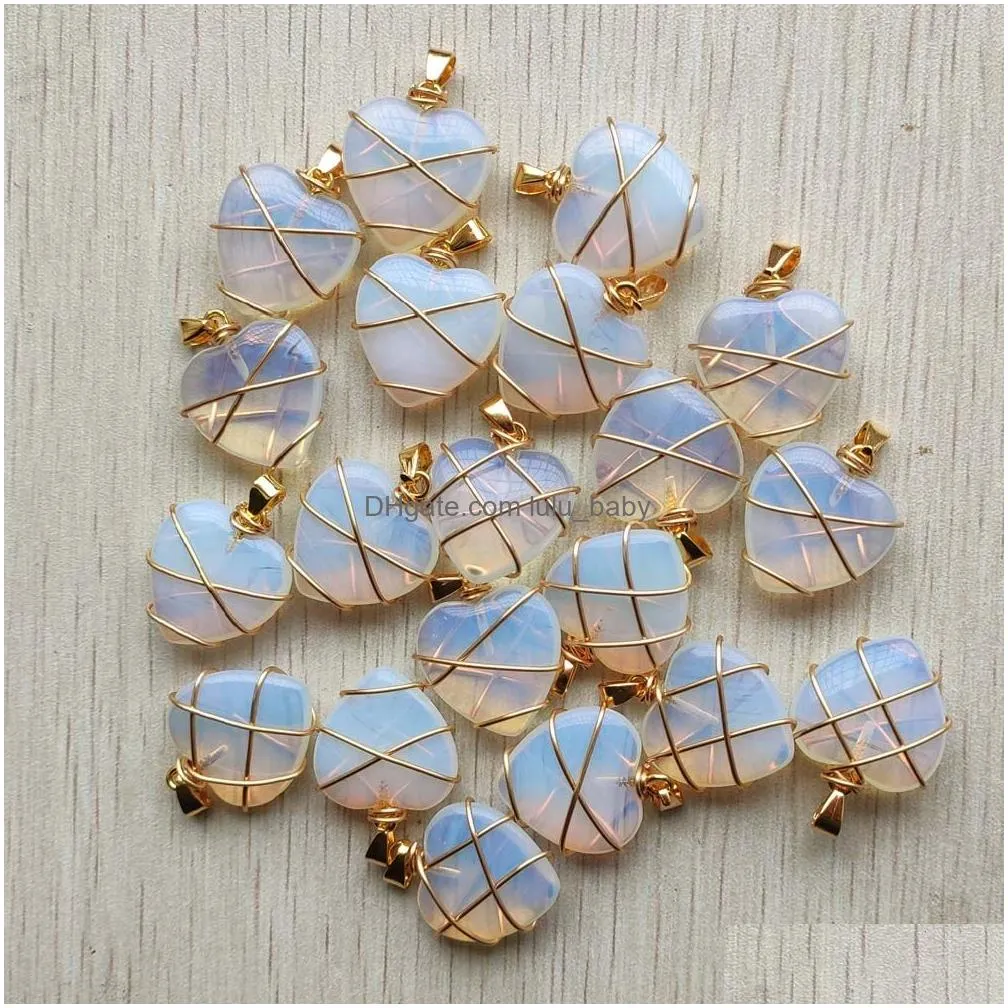 natural stone heart charms crystal agate beads pendant handmade wire gold color wire wrapped for jewelry marking