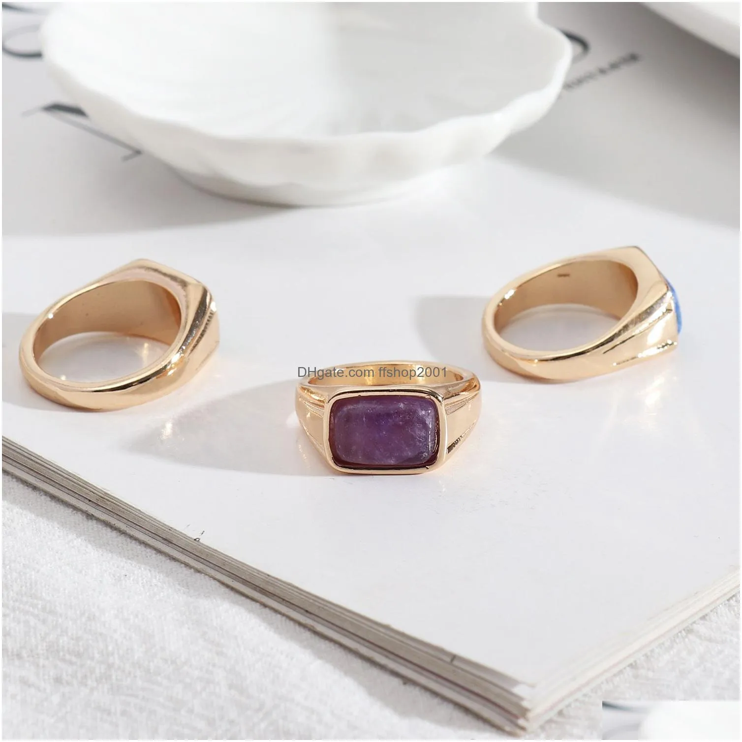 natural rectangle stone rings lapis lazuli amethyst malachite stone fashion inner dia 17mm gold color band jewelry for women