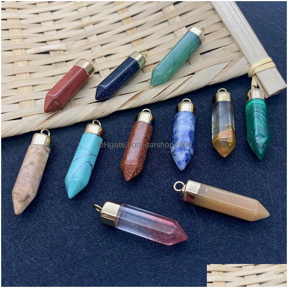 8x36mm natural crystal stone charms hexagon green rose quartz pendants gold edge trendy for necklace earrings jewelry making wholesale