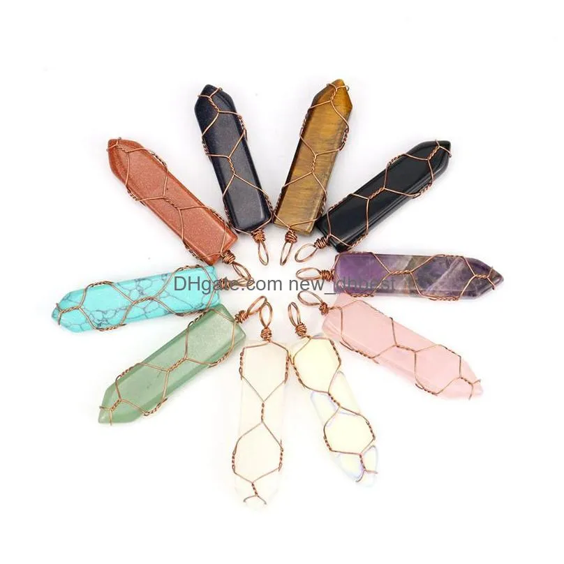 sword shape natural stone pendant wire wrapped copper net pocket sweater chain necklace healing reiki weave rope wholesale