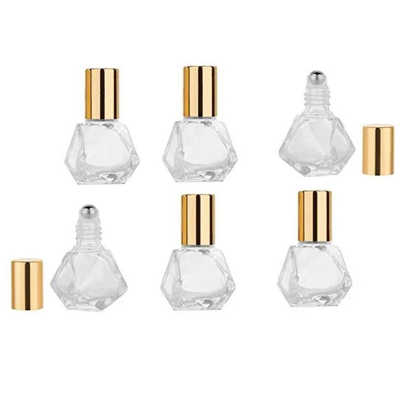 8ml mini portable polygonal clear glass roller bottle travel essential oil roll on bottle with stainless steel ball gold silver cap