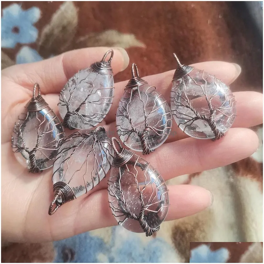 natural stone crystal tree of life charms antique waterdrop pendants rose quartz wire wrapped trendy jewelry making wholesale