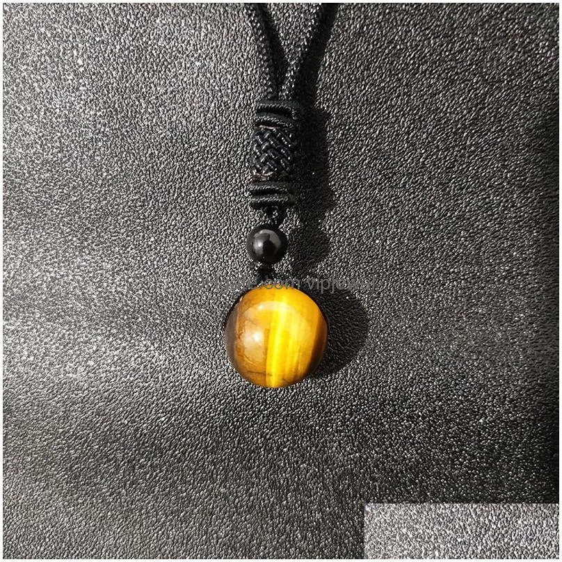 men yellow tiger eye stone round bead pendant black rope chain necklace wholesale jewelry for women