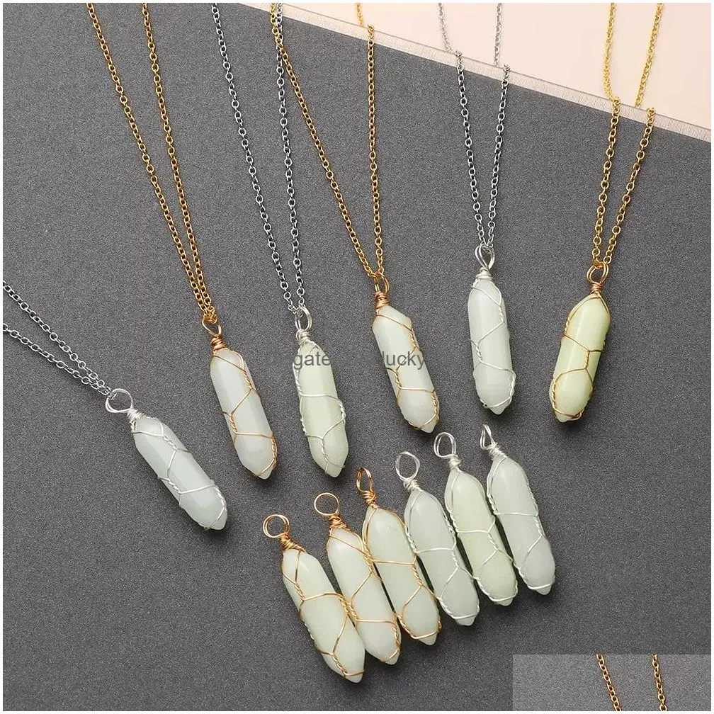 hexagonal cylindrical crystal stone necklace glow in the dark luminous wire wrap stones pendant necklaces jewelry gift for women men