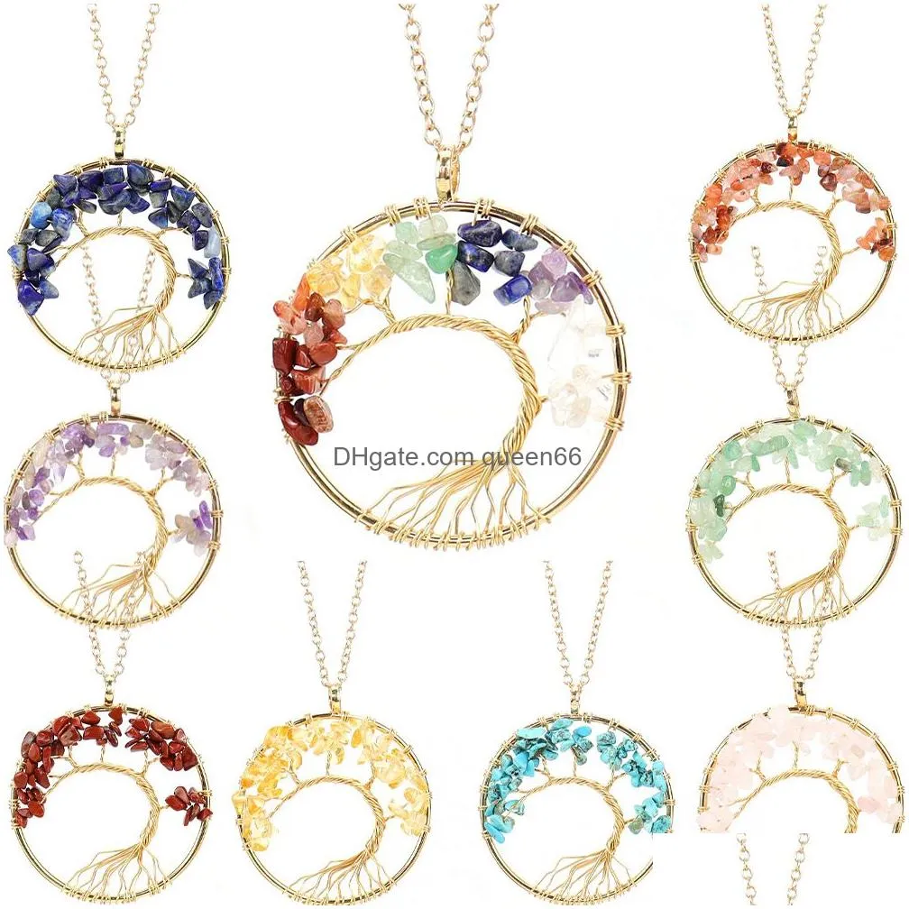 boho irregular chip stone crystal wire wrap tree of life pendant amethyst rose quartz chakra beads necklace for women jewelry