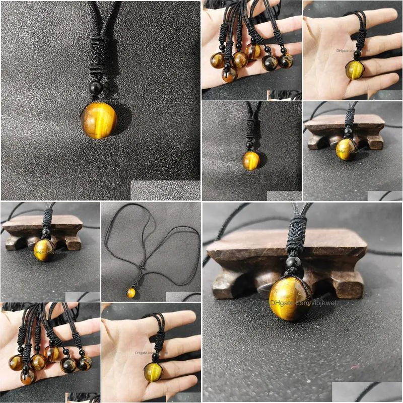 men yellow tiger eye stone round bead pendant black rope chain necklace wholesale jewelry for women