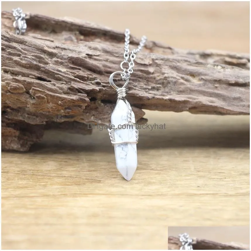 natural stone point wire wrap pendants necklace crystal rose quartz hexagonal bullet pendulum chakra healing jewelry