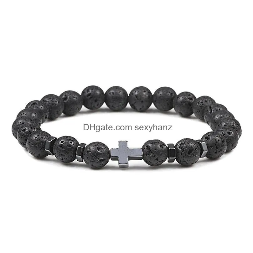 fashion cross charms black stone beaded strand bracelet natural stone tigers eye elasticity bracelet for women men jewelry