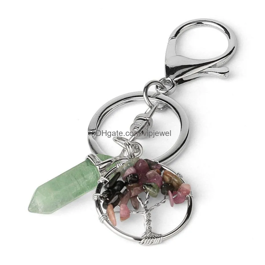 natural stone tree of life key rings green fluorite hexagonal prism keychains healing rose crystal car decor keyholder for women men