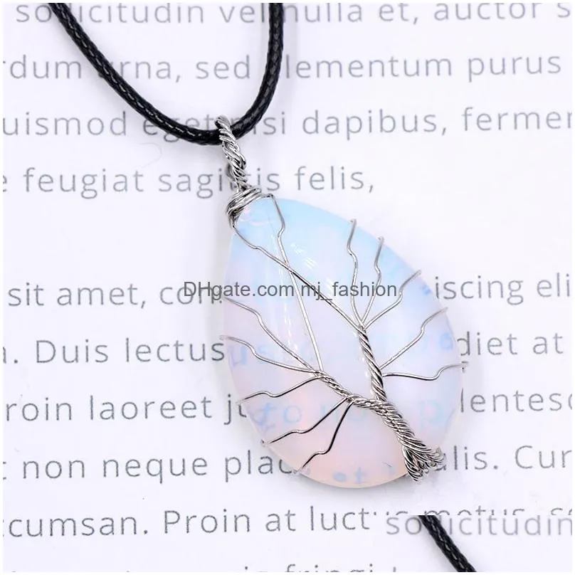 healing crystal natural stone charms twine tree of life wire wrap pendant turquoise tiger eye lrose quartz rope chain necklaces wholesale jewelry