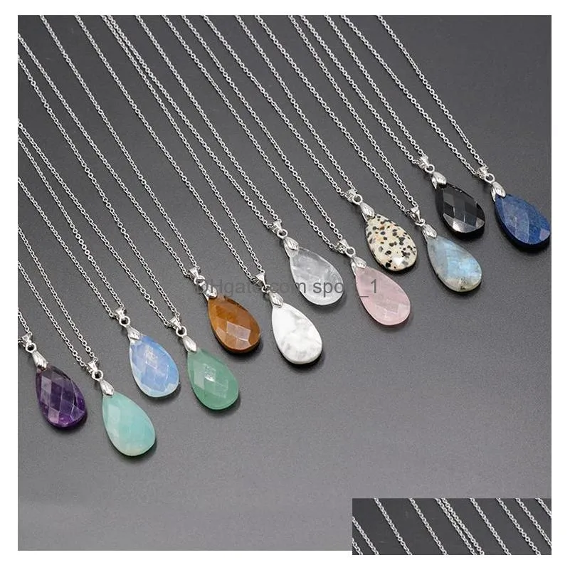 fashion waterdrop shaped rose quartz powder pink green amethyst crystal pendant stainless steel chain necklace women jewelry