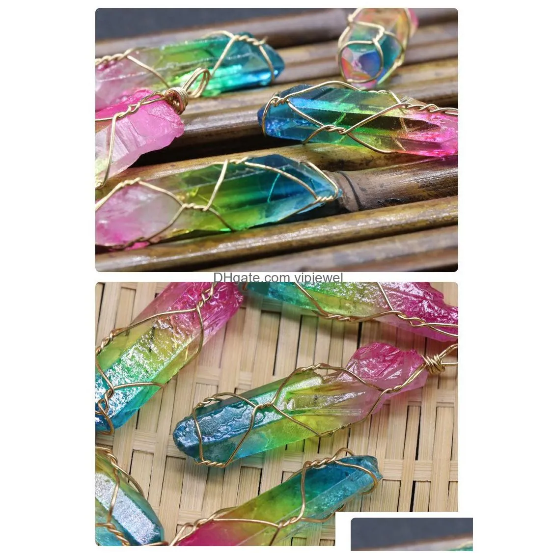 colorful crystal column necklace pendant gradient color quartz crystals wire wrap necklaces healing guardian jewelry for men men rope