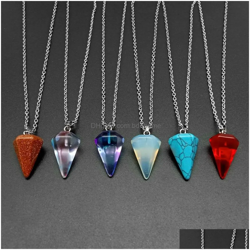 cone stone opal crystal pendulum pendant necklace chakra healing jewelry for women men stainless steel chain