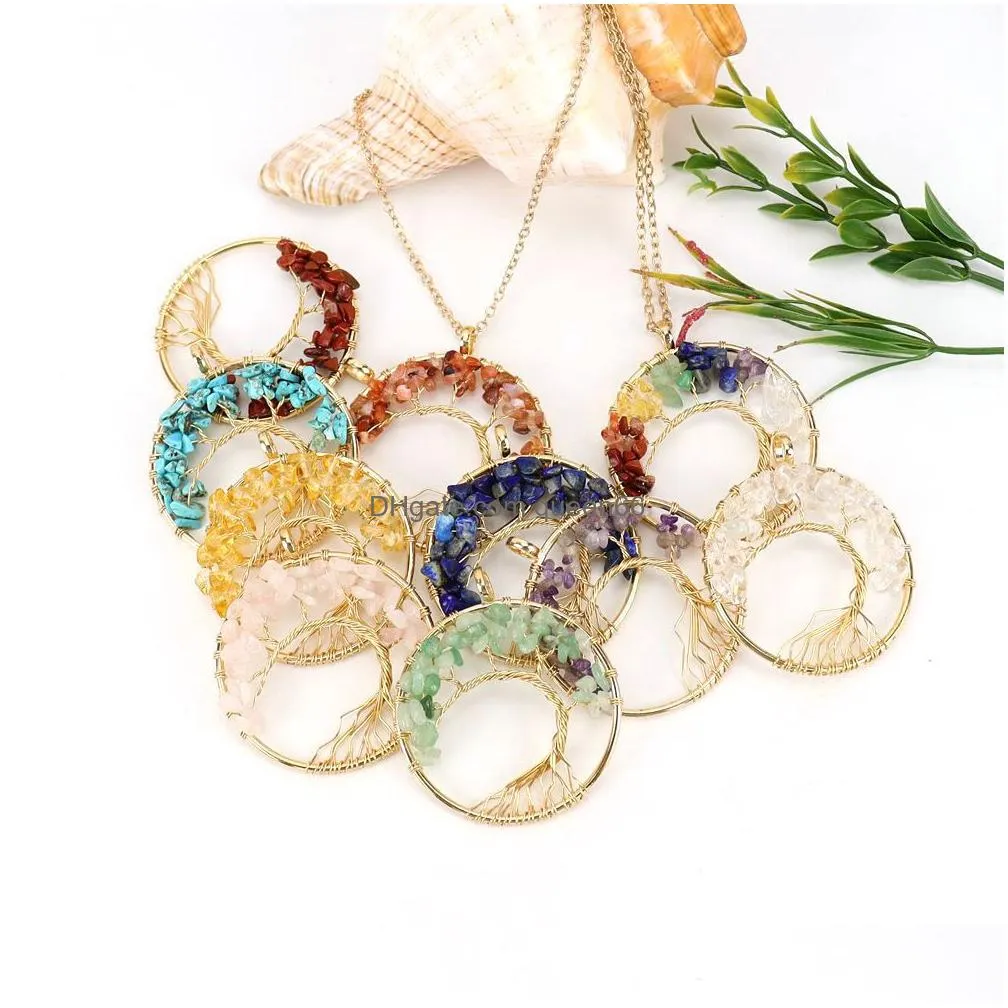 boho irregular chip stone crystal wire wrap tree of life pendant amethyst rose quartz chakra beads necklace for women jewelry