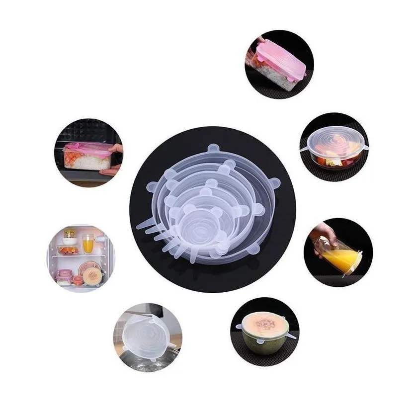dhs ship 6pcs per set silicone stretch suction pot lids food grade silicone  keeping wrap seal lid pan cover kitchen accessories