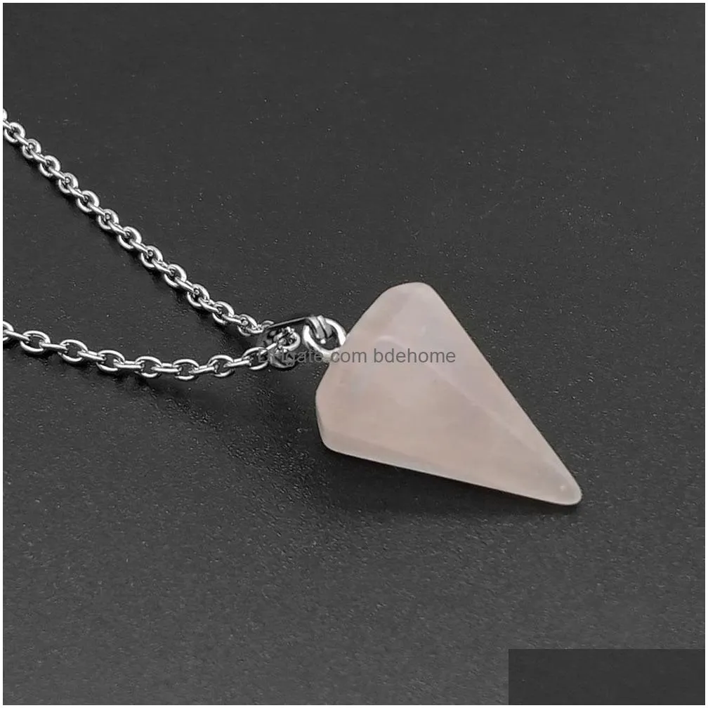 cone stone opal crystal pendulum pendant necklace chakra healing jewelry for women men stainless steel chain