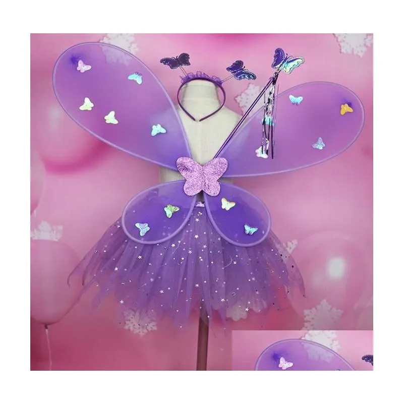 flutterby girls led costume set - tutu wand headband with light-up butterfly wings for ages 2-8 - perfect party carnival gift