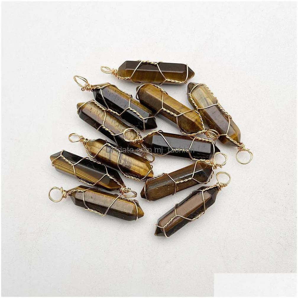 gold wire wrap natural stone charms tiger eye pendulum necklace pendant for jewelry making charm accessories